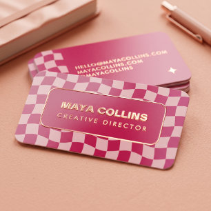 Trendy Red Pink Wavy Checkerboard Foil Business Cards