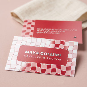 Trendy Red Pink Wavy Checkerboard Foil Spot Gloss Business Cards