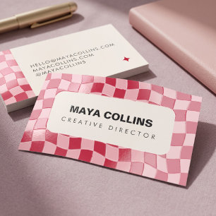 Trendy Red Pink Wavy Checkerboard Raised Spot UV Business Card