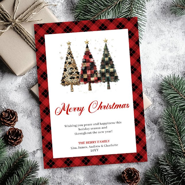 Trendy Red Plaid Christmas Tree Leopard Pattern   Holiday Card (Trendy Red Plaid Christmas Tree Leopard Pattern Card)