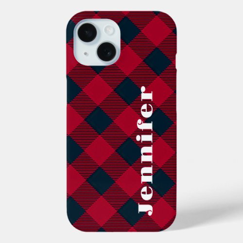 Trendy red plaid custom name  personalized iPhone 15 case