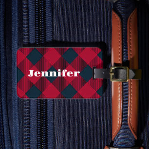 Trendy red plaid luggage tag   personalized