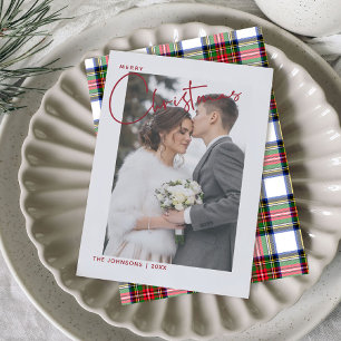 Trendy Red Plaid Merry Christmas Script Photo Holiday Card