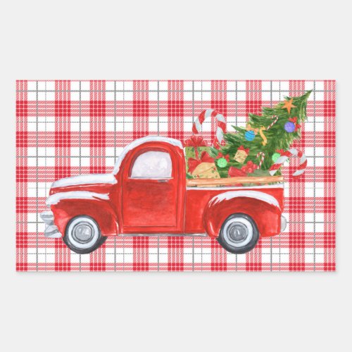 Trendy Red Plaid Vintage Christmas Truck Holiday Rectangular Sticker