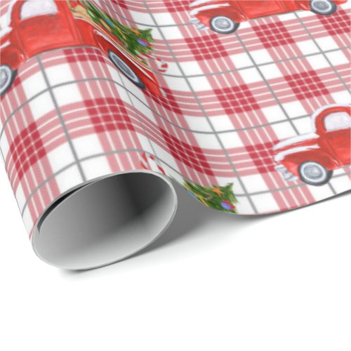 Trendy Red Plaid Vintage Christmas Truck Holiday Wrapping Paper