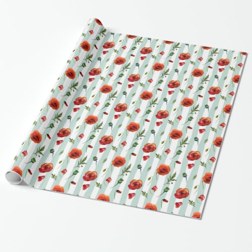 Trendy Red Poppies  Pastel Blue Stripes Pattern Wrapping Paper