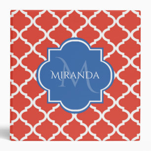 Trendy Red Quatrefoil Blue Monogram and Name Binder
