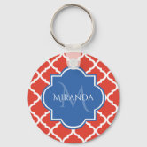 Elegant Navy Blue Quatrefoil with Pink Monogram Keychain | Zazzle