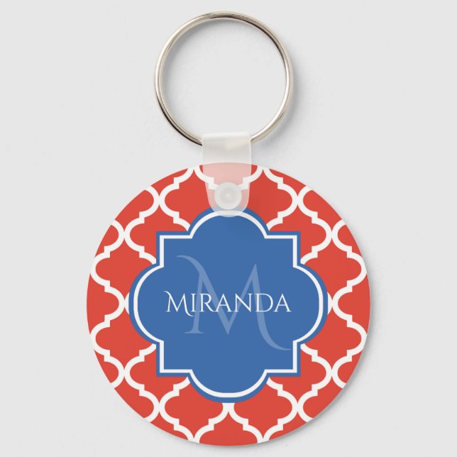 Trendy Red Quatrefoil Blue Monogram and Name Keychain (Front)