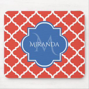 Trendy Red Quatrefoil Blue Monogram and Name Mouse Pad