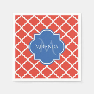 Trendy Red Quatrefoil Blue Monogram and Name Napkins