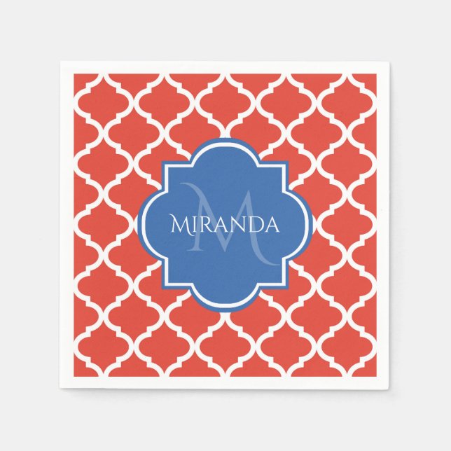 Trendy Red Quatrefoil Blue Monogram and Name Napkins (Front)