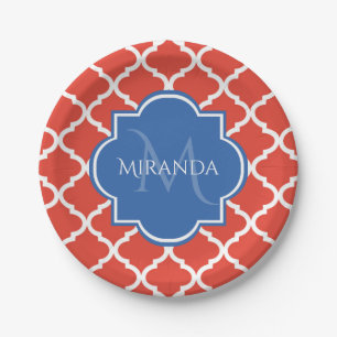 Trendy Red Quatrefoil Blue Monogram and Name Paper Plates