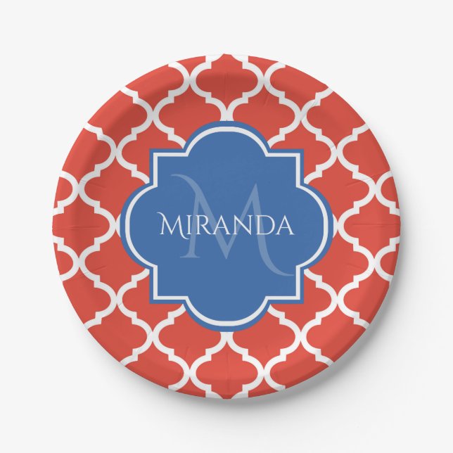 Trendy Red Quatrefoil Blue Monogram and Name Paper Plates (Front)