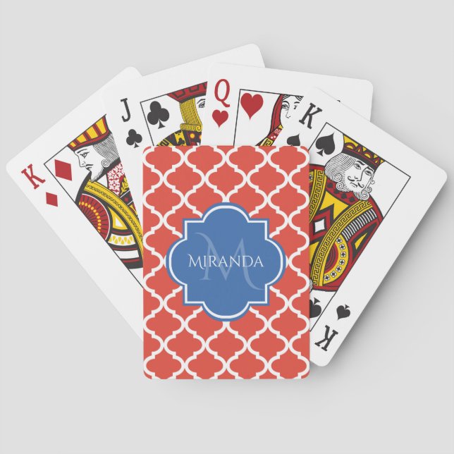 Trendy Red Quatrefoil Blue Monogram and Name Poker Cards (Back)