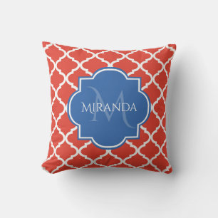 Trendy Red Quatrefoil Blue Monogram and Name Throw Pillow