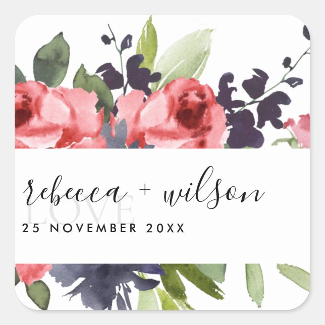 TRENDY RED ROSE PEONY FLORAL BUNCH LOVE  WEDDING SQUARE STICKER (Front)