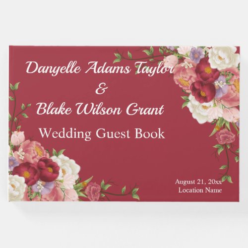 Trendy Red Script Font Floral Wedding Guest Book