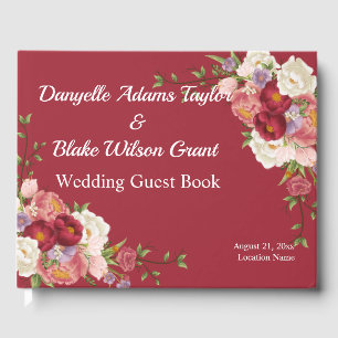 Trendy Red, Script Font Floral Wedding Guest Book