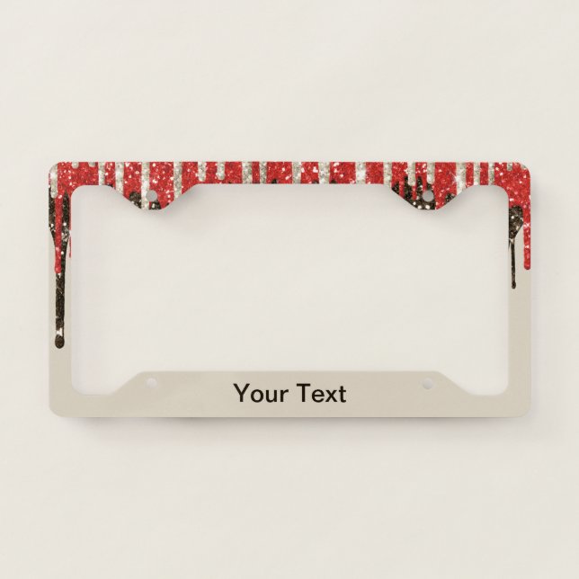 Trendy Red Tan Black Glitter Drips Graphic License Plate Frame (Front)
