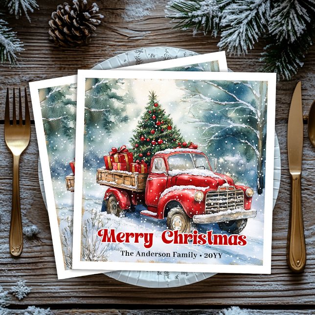 Trendy red truck Christmas scene rustic table  Paper Dinner Napkins (Trendy red truck Christmas scene rustic table Paper Dinner Napkins)