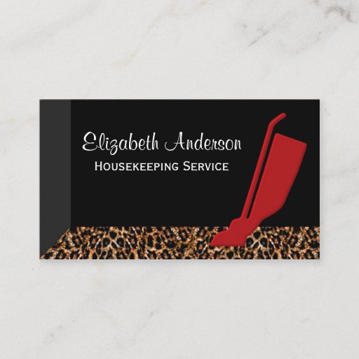 Customizable Trendy Red Vacuum Leopard Housekeeping Service Business Cards