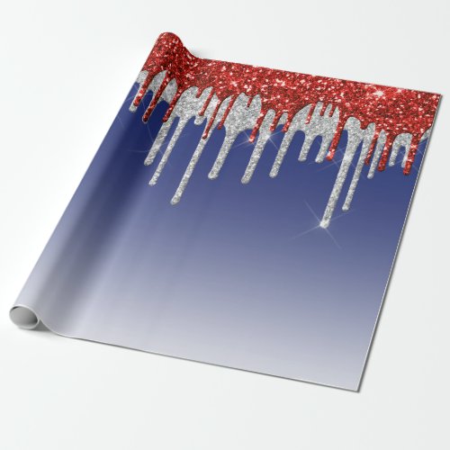 Trendy Red White and Blue Glitter Drips Wrapping Paper