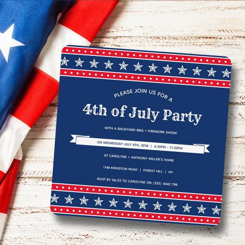 Trendy Red White  Blue 4th Of July Party Invitation