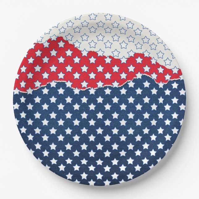 Trendy Red White & Blue Stars America Flag Pattern Paper Plates (Front)