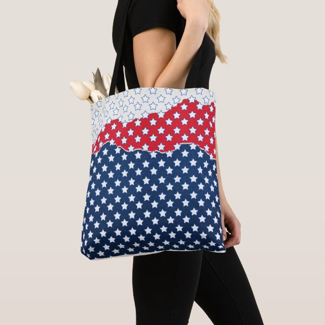 Trendy Red White & Blue Stars America Flag Pattern Tote Bag (Close Up)