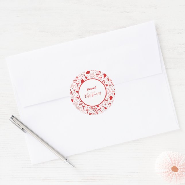 Trendy Red & White Christmas Icons Doodle Art Classic Round Sticker (Envelope)