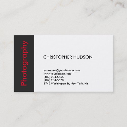 Trendy Red White Dark Grey Photography Business Card
