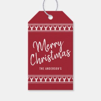 Trendy Red & White Deer Typography Merry Christmas Gift Tags
