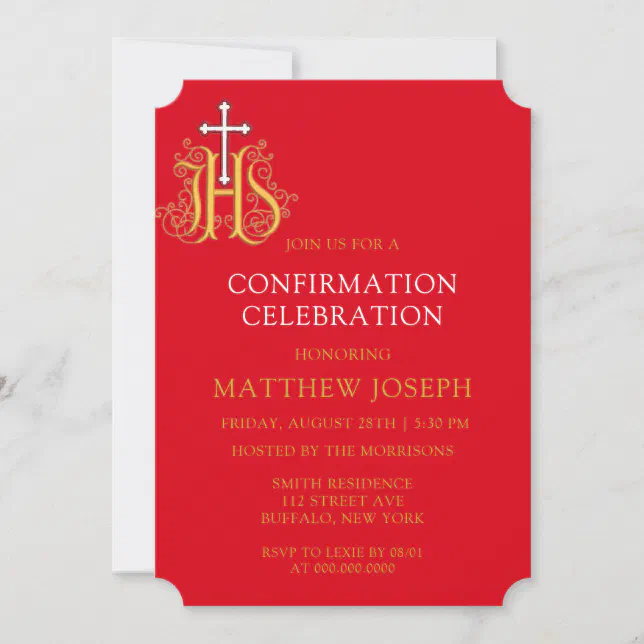 Trendy Red White Gold Logo Confirmation Invitation | Zazzle