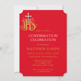 Trendy Red White Gold Logo Confirmation Invitation