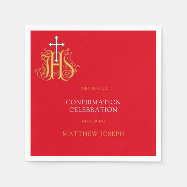Trendy Red White Gold Logo Confirmation Napkins (Front)