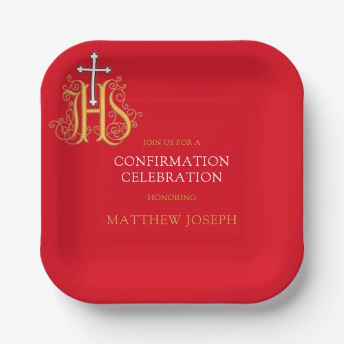 Trendy Red White Gold Logo Confirmation Paper Plates