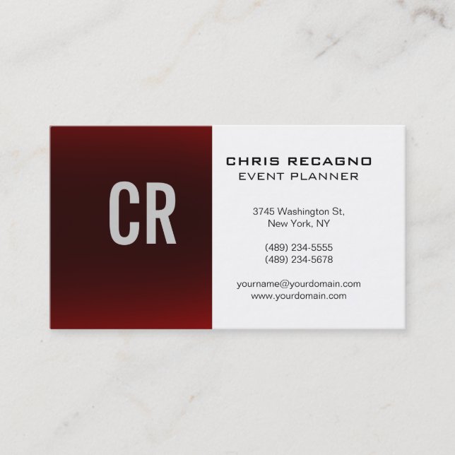 Trendy Red White Monogram Business Card (Front)