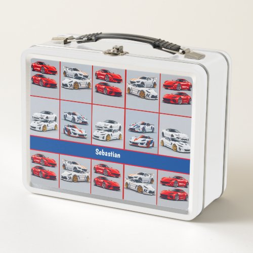 Trendy Red  White Sporty Sports Cars Enthusiasts Metal Lunch Box