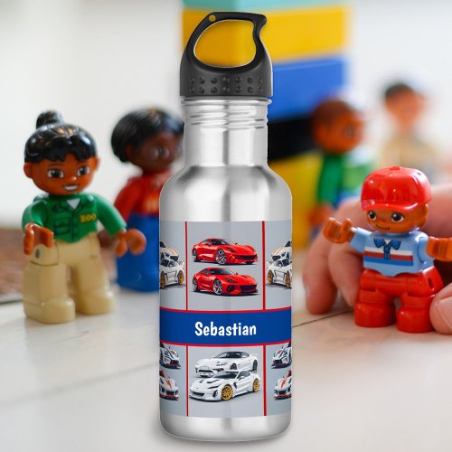 Trendy Red  White Sporty Sports Cars Enthusiasts Stainless Steel Water Bottle