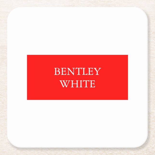 Trendy Red White Stylish Simple Plain Your Name Square Paper Coaster (Front)