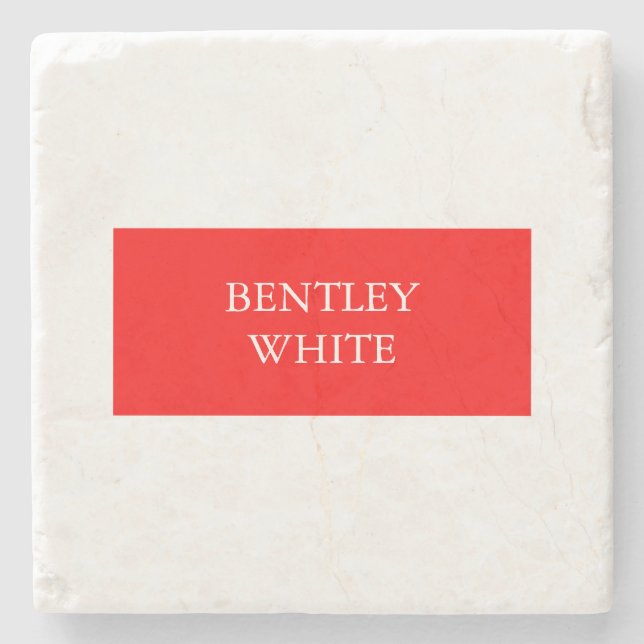 Trendy Red White Stylish Simple Plain Your Name Stone Coaster (Front)