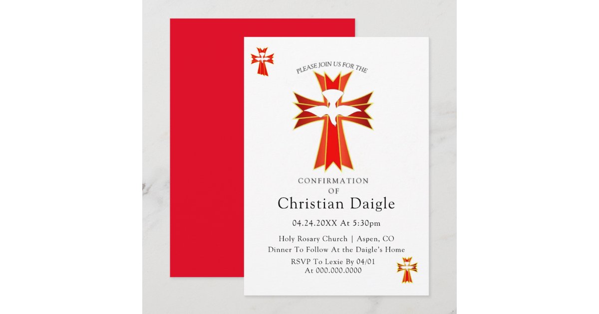Trendy Red Yellow Cross and Dove Confirmation Invitation | Zazzle