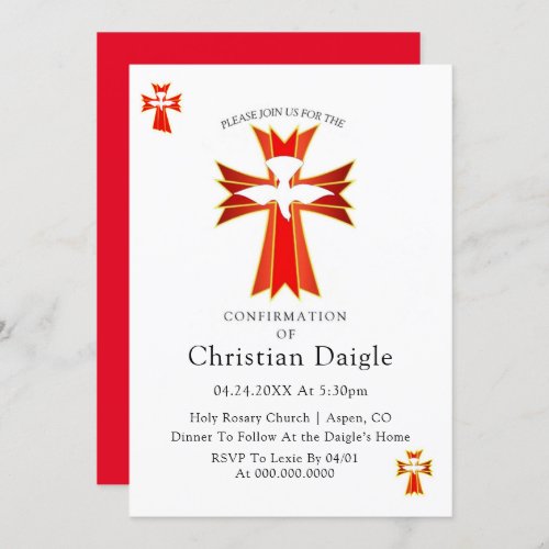 Trendy Red Yellow Cross and Dove Confirmation Invitation