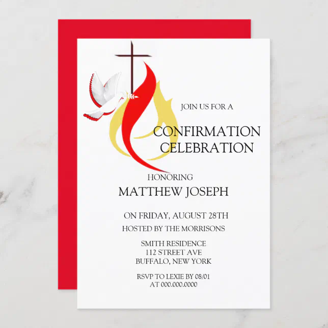 Trendy Red Yellow Dove Fire Confirmation Invitation | Zazzle