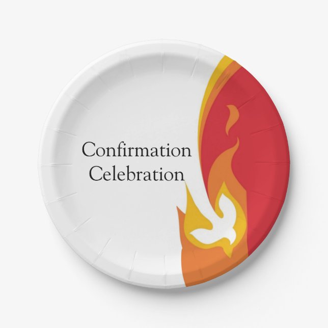 Trendy Red Yellow Fire and Dove Confirmation Paper Plates (Front)