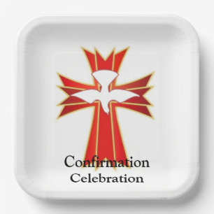 Trendy Red Yellow Fire and Dove Cross Confirmation Paper Plates