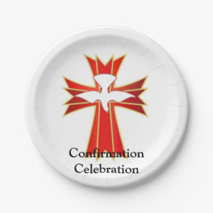 Trendy Red Yellow Fire and Dove Cross Confirmation Paper Plates