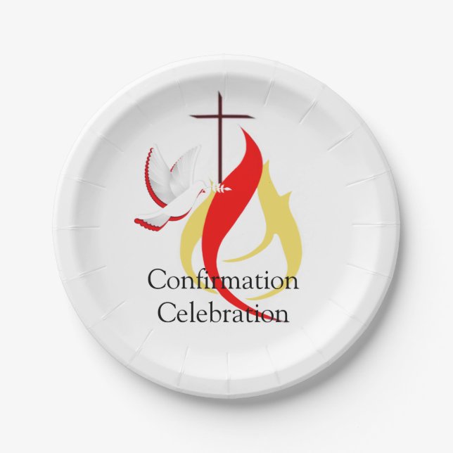 Trendy Red Yellow Fire and Dove Cross Confirmation Paper Plates (Front)