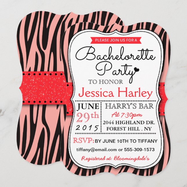 Trendy Red Zabra Print Bachelorette Party Invitation (Front/Back)